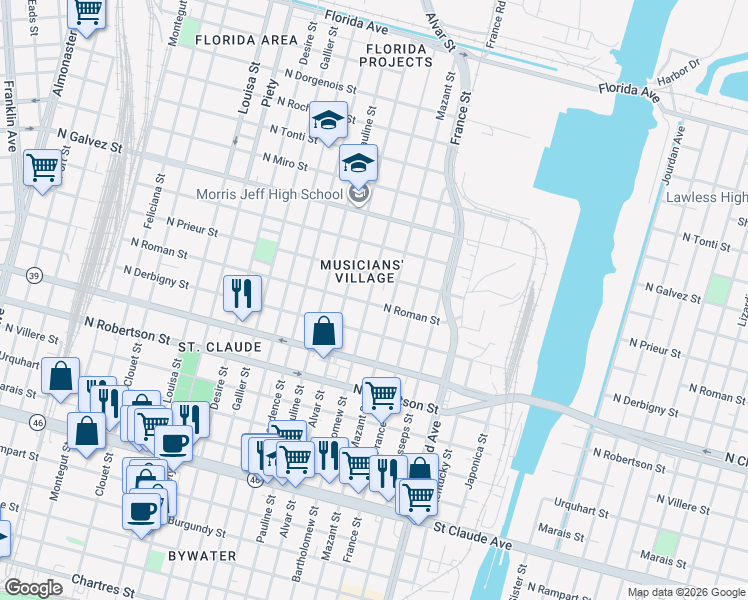 map of restaurants, bars, coffee shops, grocery stores, and more near 4007 North Roman Street in New Orleans