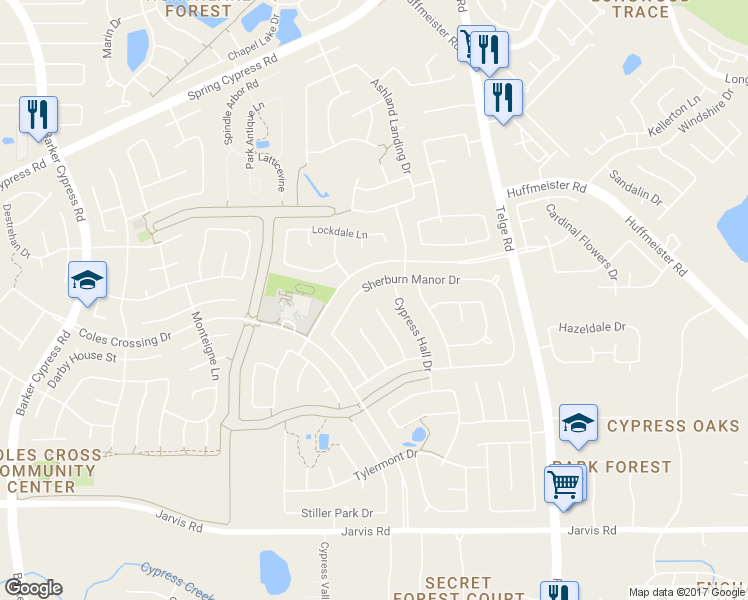 map of restaurants, bars, coffee shops, grocery stores, and more near 15926 Linwood Manor Ct in Cypress