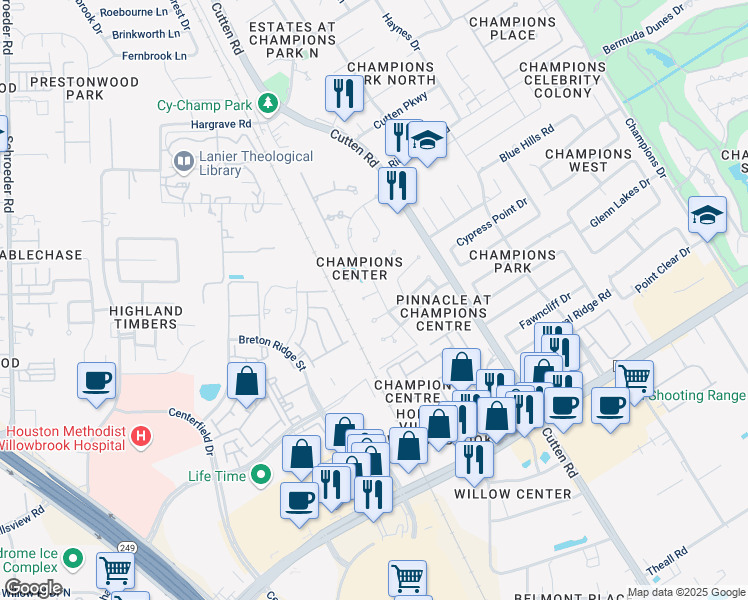 map of restaurants, bars, coffee shops, grocery stores, and more near 13611 Champions Centre Drive in Houston