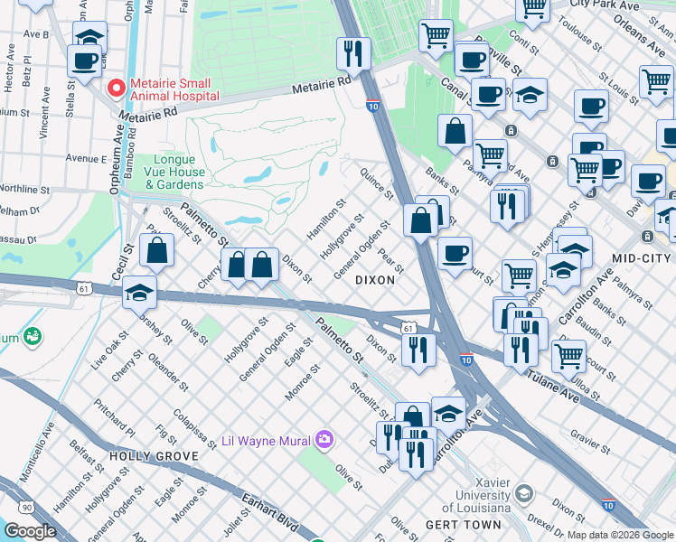 map of restaurants, bars, coffee shops, grocery stores, and more near 8924 Peach Street in New Orleans