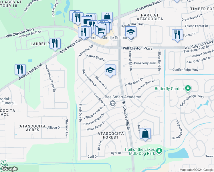 map of restaurants, bars, coffee shops, grocery stores, and more near 17314 Glenhew Road in Humble