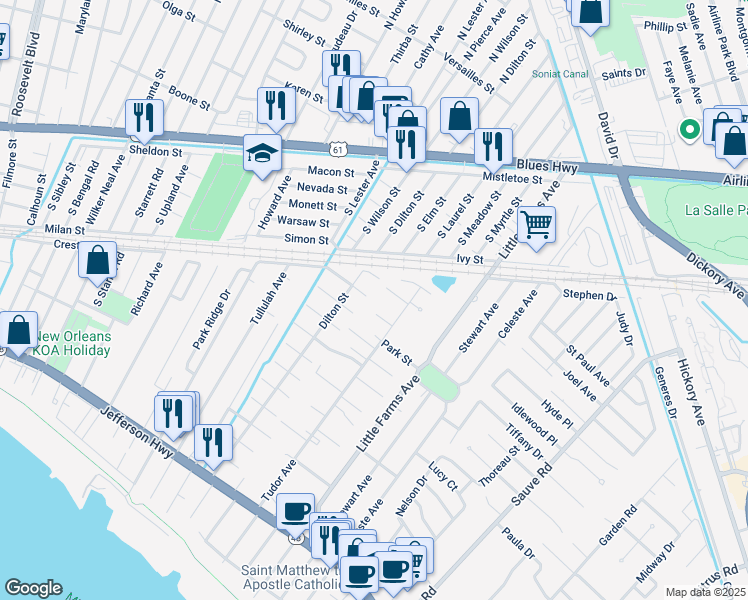 map of restaurants, bars, coffee shops, grocery stores, and more near 10522 Phelps Street in Harahan