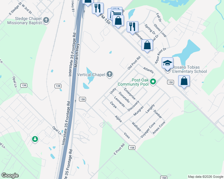 map of restaurants, bars, coffee shops, grocery stores, and more near 184 Unity in Kyle
