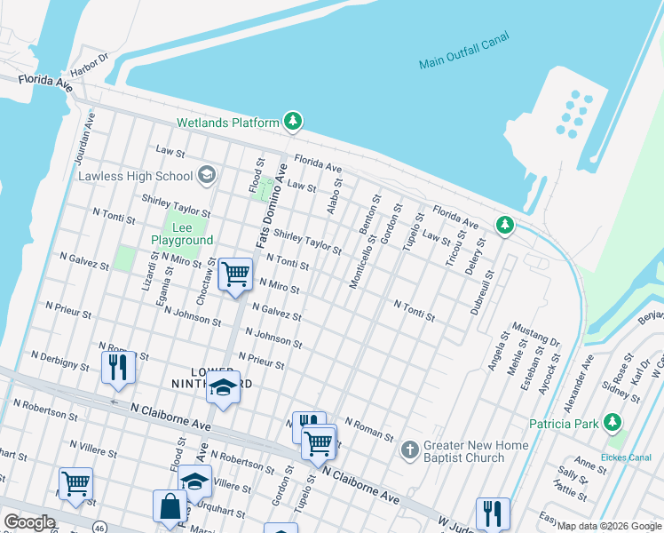 map of restaurants, bars, coffee shops, grocery stores, and more near 2330 Benton Street in New Orleans