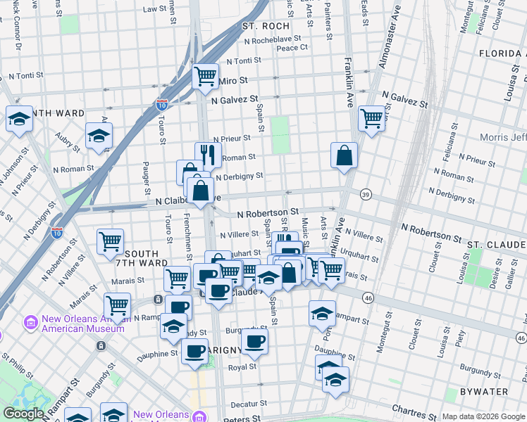 map of restaurants, bars, coffee shops, grocery stores, and more near 2329 North Robertson Street in New Orleans