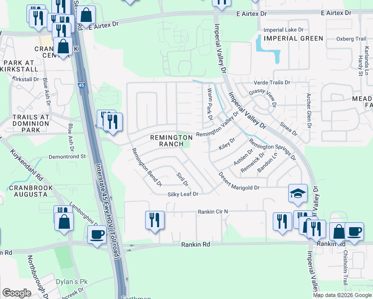 map of restaurants, bars, coffee shops, grocery stores, and more near 454 Remington Ridge Drive in Houston