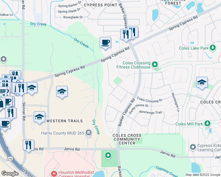 map of restaurants, bars, coffee shops, grocery stores, and more near 13507 Bedford Chase in Cypress