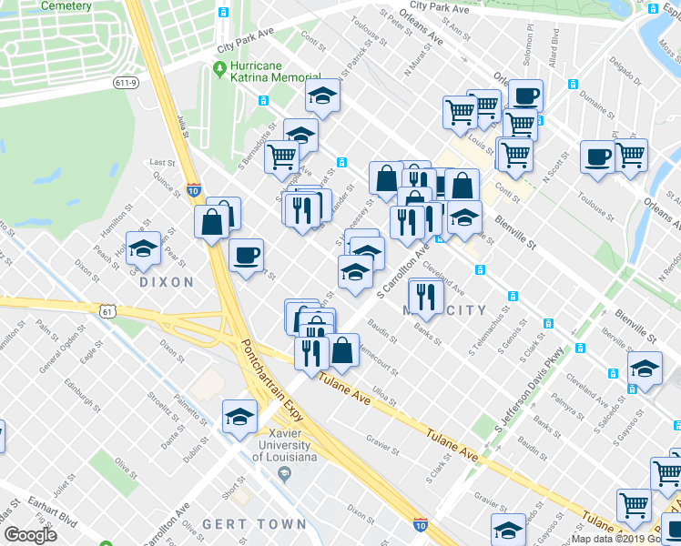 map of restaurants, bars, coffee shops, grocery stores, and more near 405 South Solomon Street in New Orleans