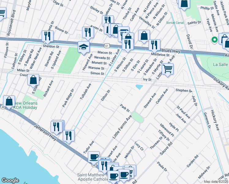 map of restaurants, bars, coffee shops, grocery stores, and more near 10522 Phelps Street in Harahan