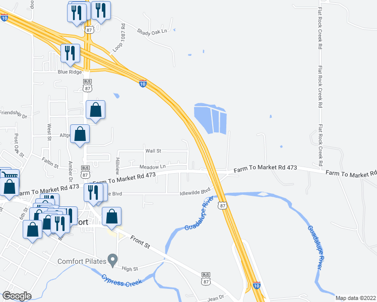 map of restaurants, bars, coffee shops, grocery stores, and more near 298 Sunflower in Comfort