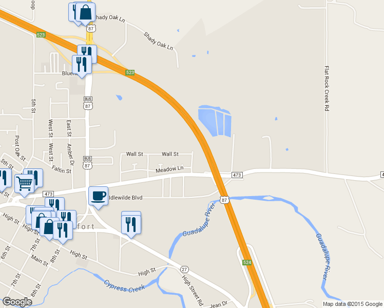 map of restaurants, bars, coffee shops, grocery stores, and more near 508 Sunflower in Comfort