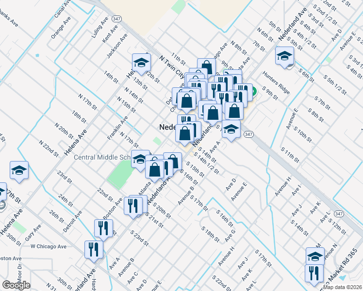 map of restaurants, bars, coffee shops, grocery stores, and more near 1404 Nederland Avenue in Nederland