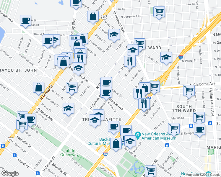 map of restaurants, bars, coffee shops, grocery stores, and more near 2022 Kerlerec Street in New Orleans