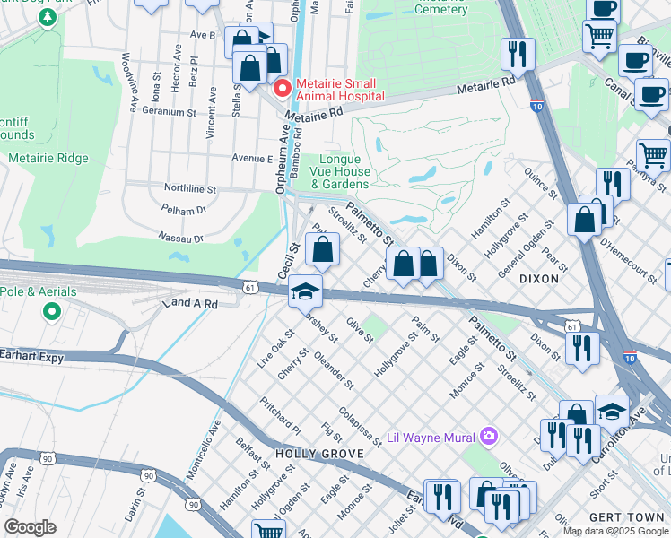 map of restaurants, bars, coffee shops, grocery stores, and more near 9425 Edinburgh Street in New Orleans