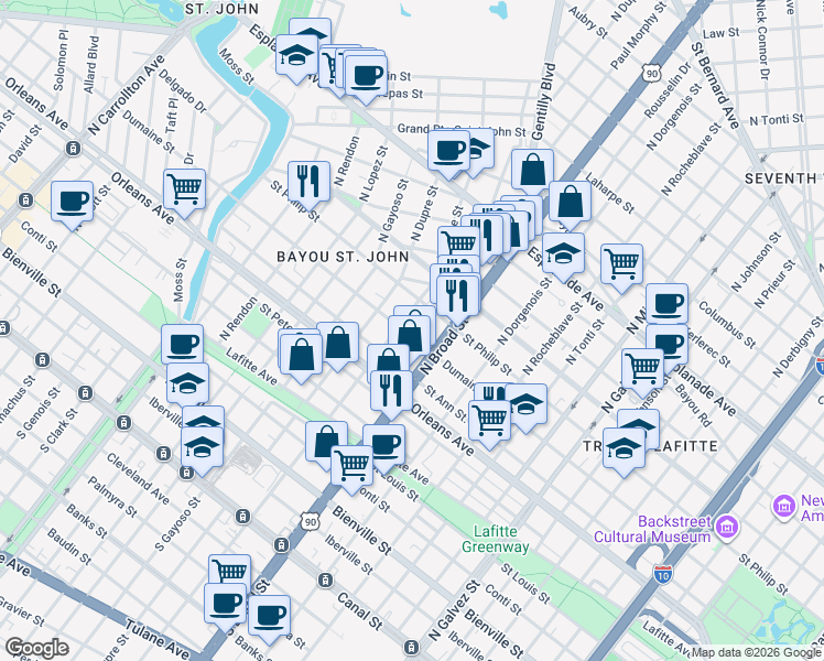 map of restaurants, bars, coffee shops, grocery stores, and more near 2743 Dumaine Street in New Orleans