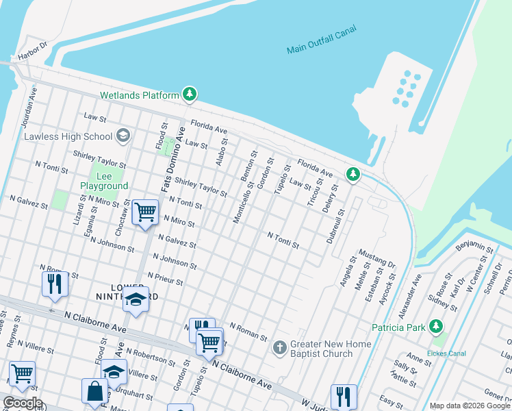 map of restaurants, bars, coffee shops, grocery stores, and more near 2401 Gordon Street in New Orleans