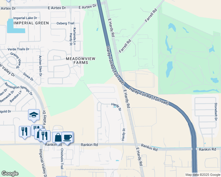 map of restaurants, bars, coffee shops, grocery stores, and more near 1042 Steel Blue Drive in Houston