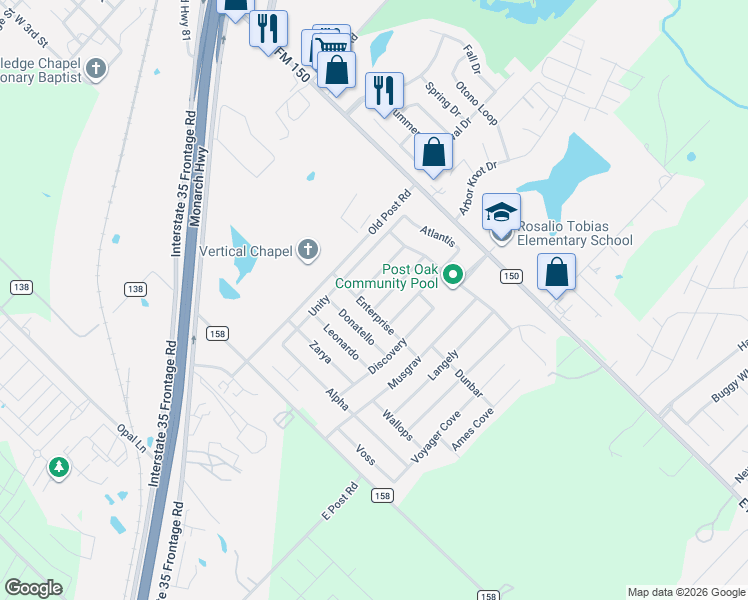map of restaurants, bars, coffee shops, grocery stores, and more near 249 Endeavour in Kyle
