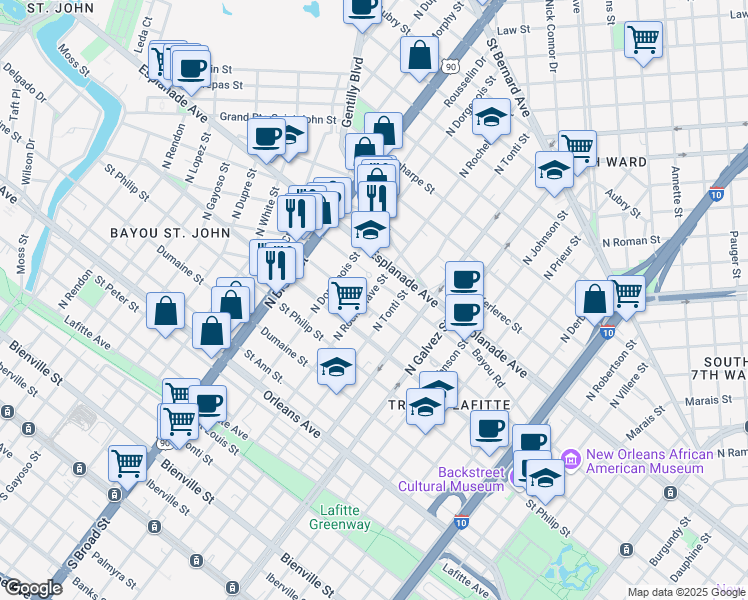 map of restaurants, bars, coffee shops, grocery stores, and more near 1212 North Rocheblave Street in New Orleans