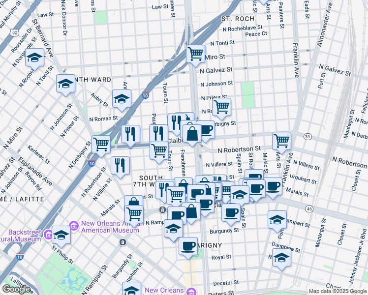 map of restaurants, bars, coffee shops, grocery stores, and more near 2102 North Claiborne Avenue in New Orleans