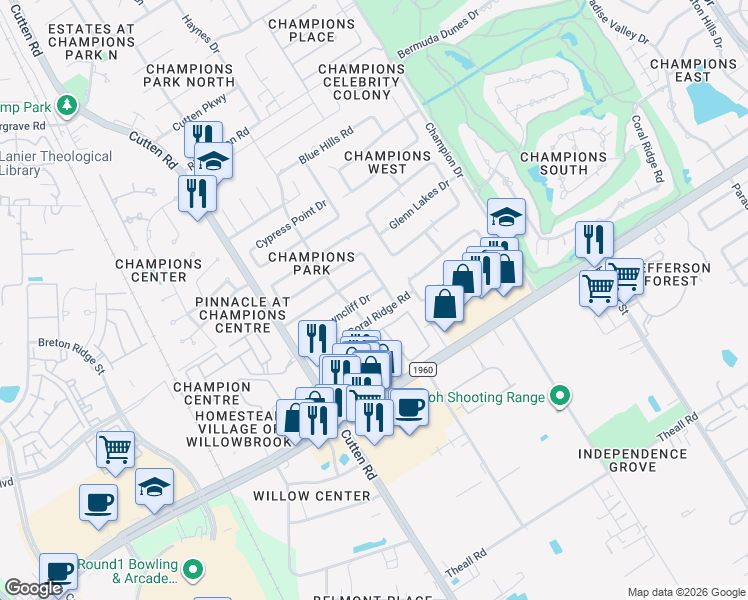 map of restaurants, bars, coffee shops, grocery stores, and more near 6711 Fawncliff Drive in Houston