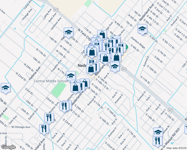 map of restaurants, bars, coffee shops, grocery stores, and more near 1404 Nederland Avenue in Nederland