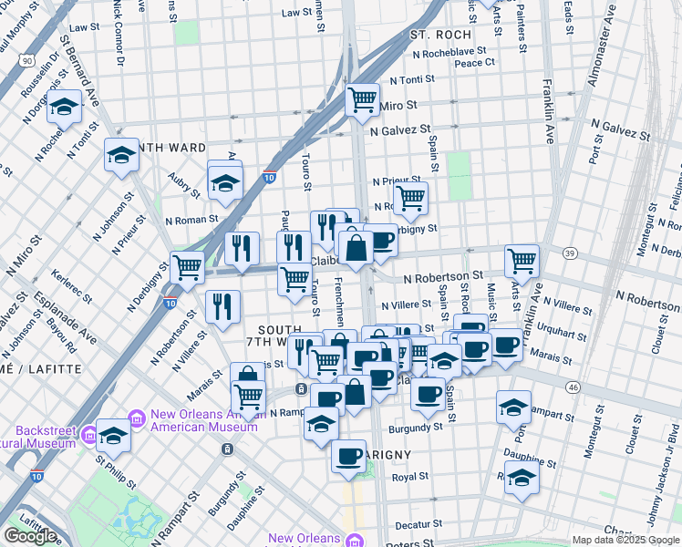 map of restaurants, bars, coffee shops, grocery stores, and more near 2102 North Claiborne Avenue in New Orleans
