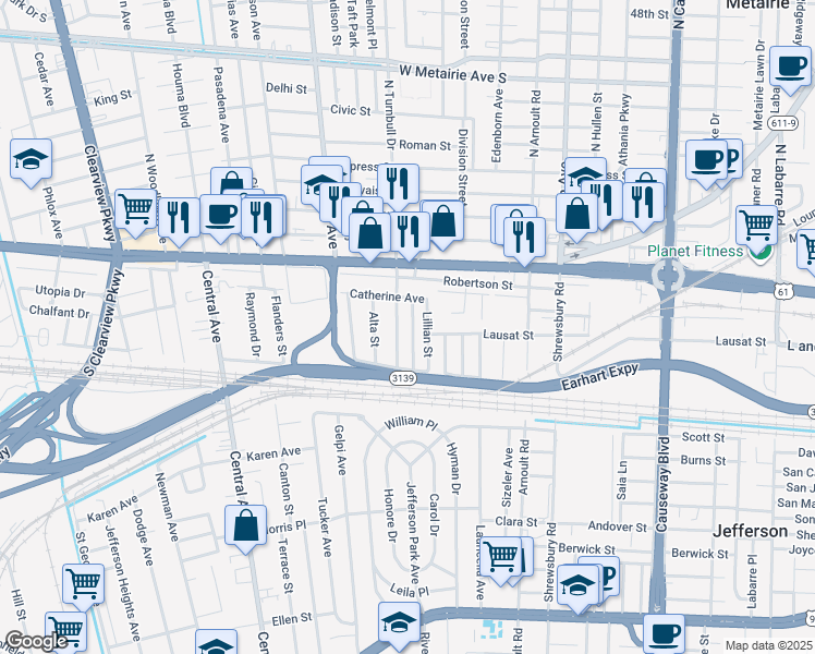 map of restaurants, bars, coffee shops, grocery stores, and more near 1018 Greentree Avenue in Metairie