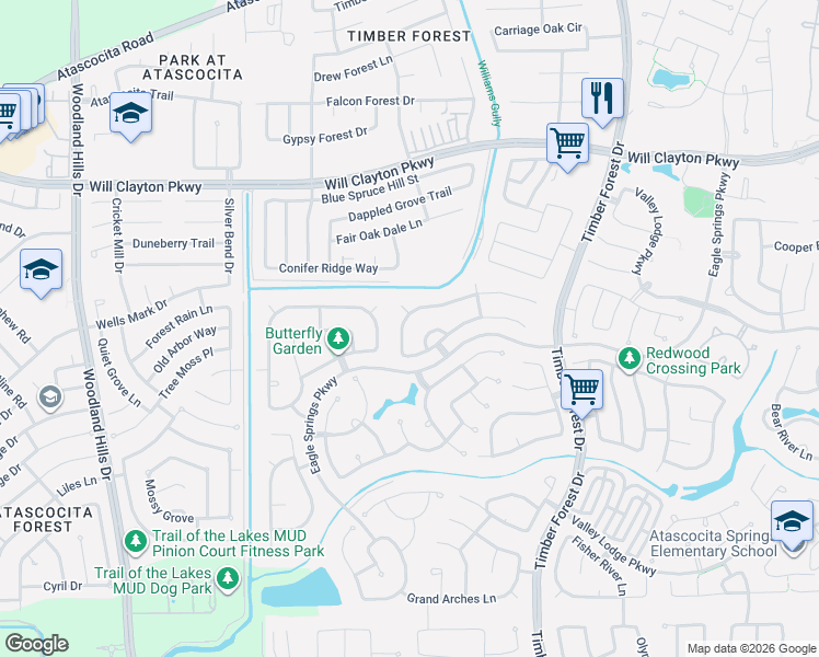 map of restaurants, bars, coffee shops, grocery stores, and more near 17522 Bighorn River Lane in Humble