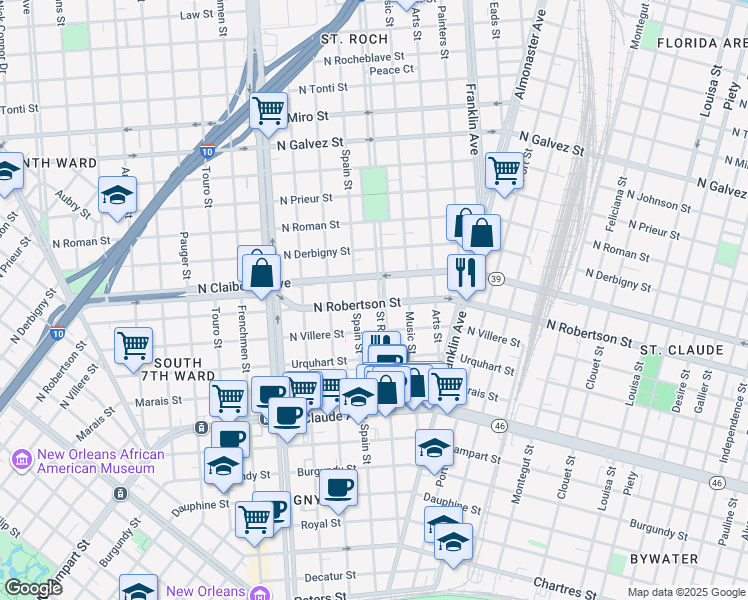 map of restaurants, bars, coffee shops, grocery stores, and more near 1500 Saint Roch Avenue in New Orleans