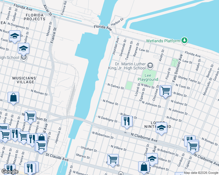map of restaurants, bars, coffee shops, grocery stores, and more near 2034 Deslonde Street in New Orleans