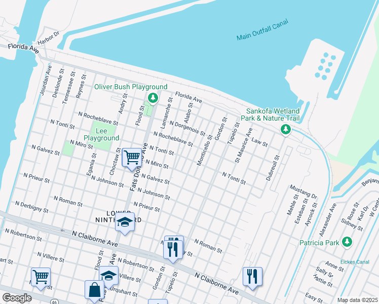 map of restaurants, bars, coffee shops, grocery stores, and more near 2330 Benton Street in New Orleans