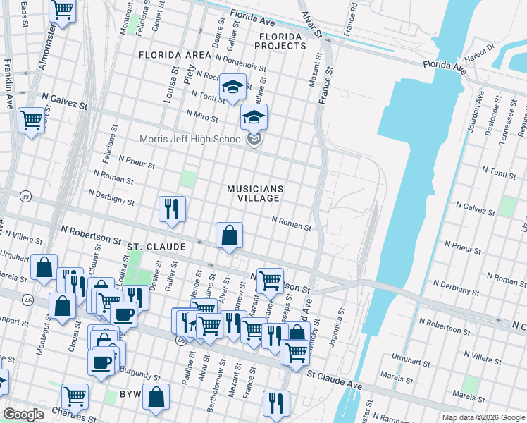 map of restaurants, bars, coffee shops, grocery stores, and more near 4007 North Roman Street in New Orleans