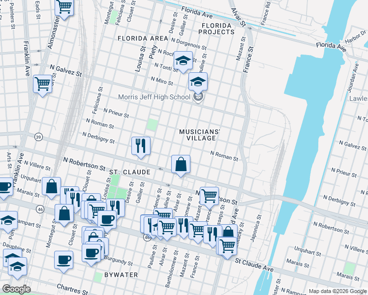 map of restaurants, bars, coffee shops, grocery stores, and more near 1740 Alvar Street in New Orleans