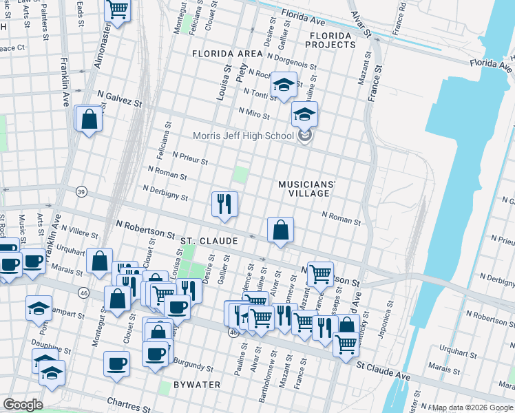 map of restaurants, bars, coffee shops, grocery stores, and more near 1737 Independence Street in New Orleans