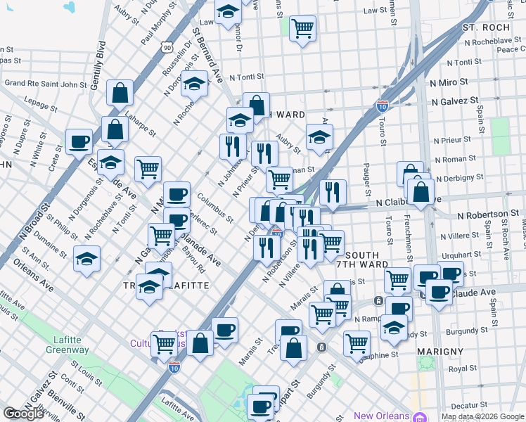 map of restaurants, bars, coffee shops, grocery stores, and more near 1715 Laharpe Street in New Orleans