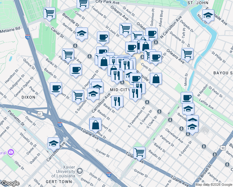 map of restaurants, bars, coffee shops, grocery stores, and more near 4015 Cleveland Avenue in New Orleans