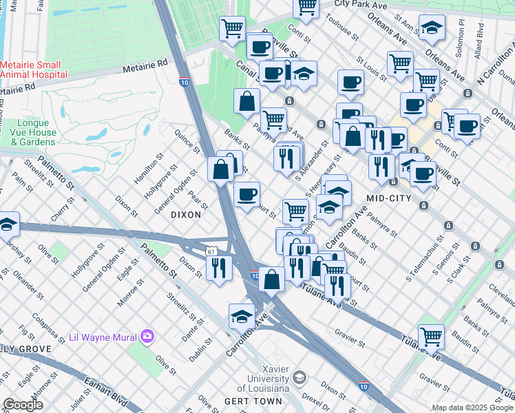 map of restaurants, bars, coffee shops, grocery stores, and more near 639 South Murat Street in New Orleans
