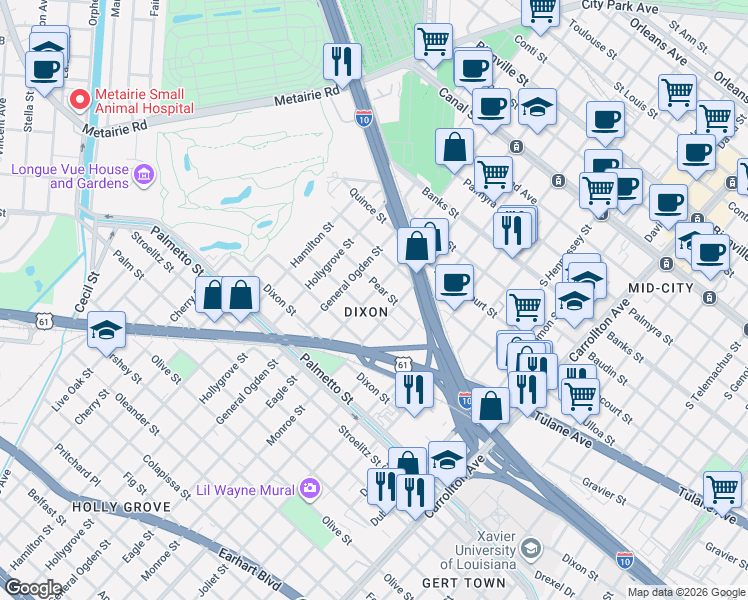 map of restaurants, bars, coffee shops, grocery stores, and more near 8724 Pear Street in New Orleans