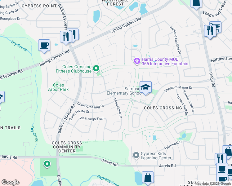 map of restaurants, bars, coffee shops, grocery stores, and more near 16238 Haden Crest Court in Cypress