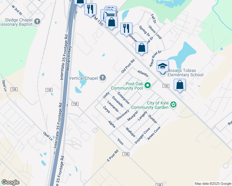 map of restaurants, bars, coffee shops, grocery stores, and more near 341 Enterprise in Kyle