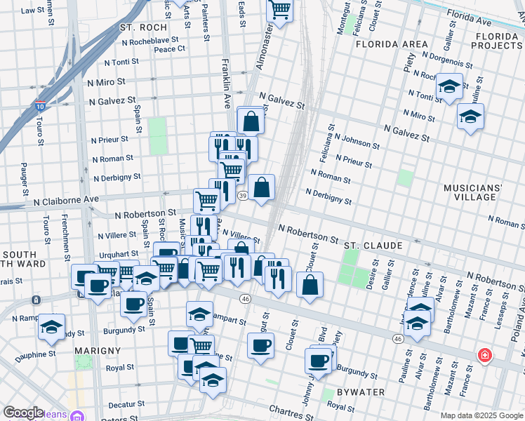 map of restaurants, bars, coffee shops, grocery stores, and more near 1523 Saint Ferdinand Street in New Orleans