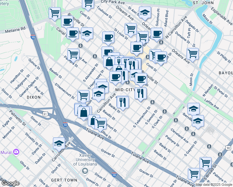 map of restaurants, bars, coffee shops, grocery stores, and more near 4610 South Carrollton Avenue in New Orleans