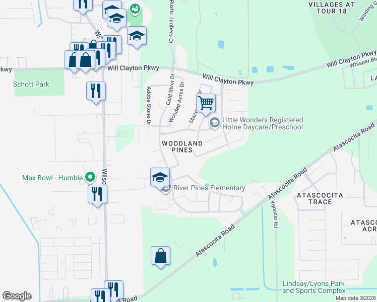 map of restaurants, bars, coffee shops, grocery stores, and more near 2118 Pickwick Pine Drive in Humble