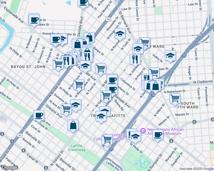 map of restaurants, bars, coffee shops, grocery stores, and more near 2127 Esplanade Avenue in New Orleans