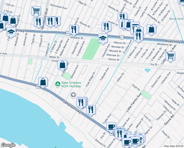 map of restaurants, bars, coffee shops, grocery stores, and more near 708 Park Ridge Drive in River Ridge