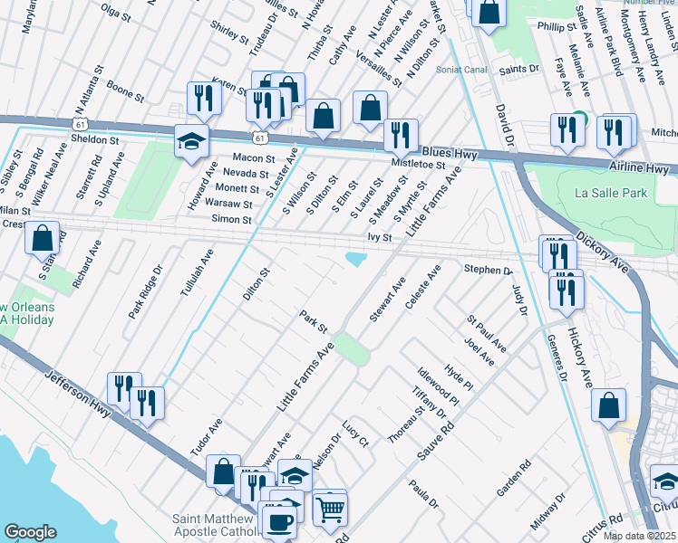 map of restaurants, bars, coffee shops, grocery stores, and more near 2 Mary Ridge Court in River Ridge