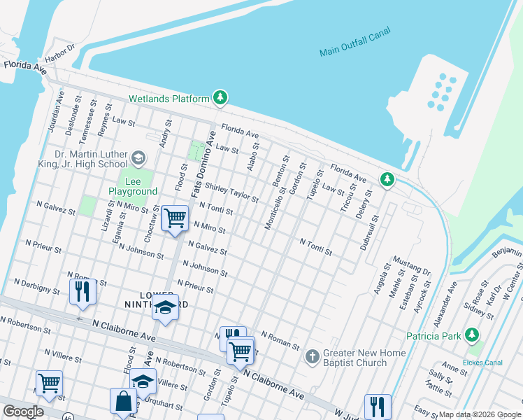 map of restaurants, bars, coffee shops, grocery stores, and more near 2330 Benton Street in New Orleans
