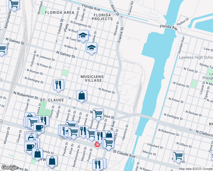 map of restaurants, bars, coffee shops, grocery stores, and more near 1832 France Street in New Orleans