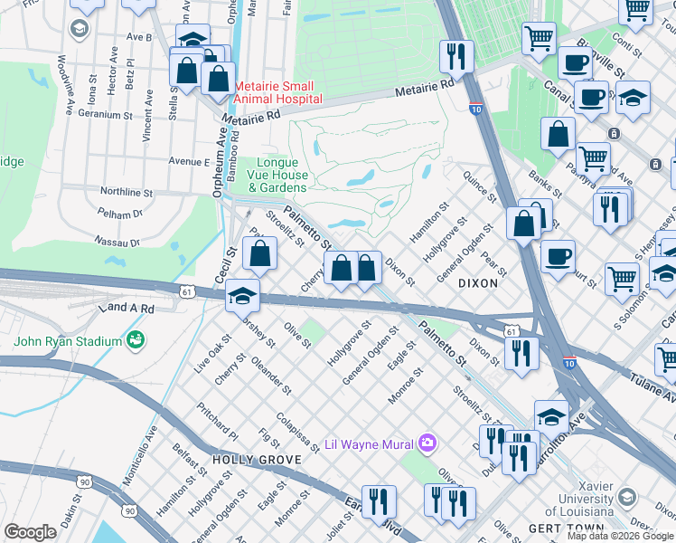 map of restaurants, bars, coffee shops, grocery stores, and more near 9211 Stroelitz St in New Orleans
